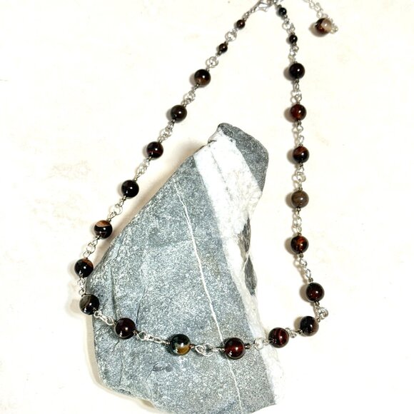 Genuine Dark Brown Agate Short Necklace, Natural Gemstone Adjustable Necklace - Picture 4 of 13